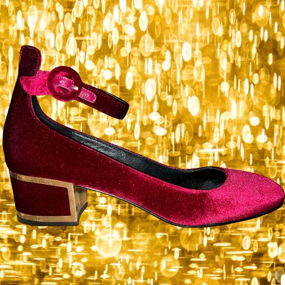 Brian Atwood Shoes - Brian Atwood rich garnet velvet gold metal detailed  block heel ankle strap pump